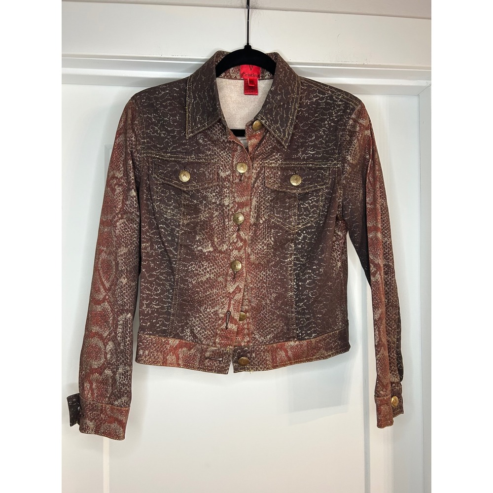 V Cristina Womens PS Brown Red Metallic Gold Snakeskin Denim Trucker Jacket